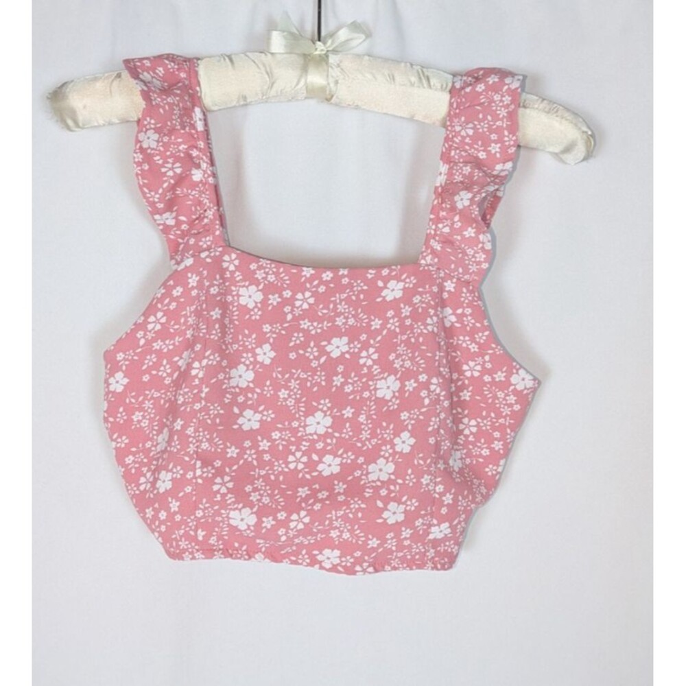 Pink Lily Blouse S Women's Pink Floral Cropped Ruffle Sleeveless Zipper Back